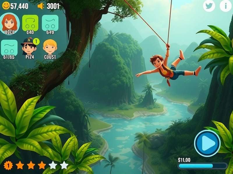 Zip Jungle Trek gameplay screenshot showing character ziplining through jungle